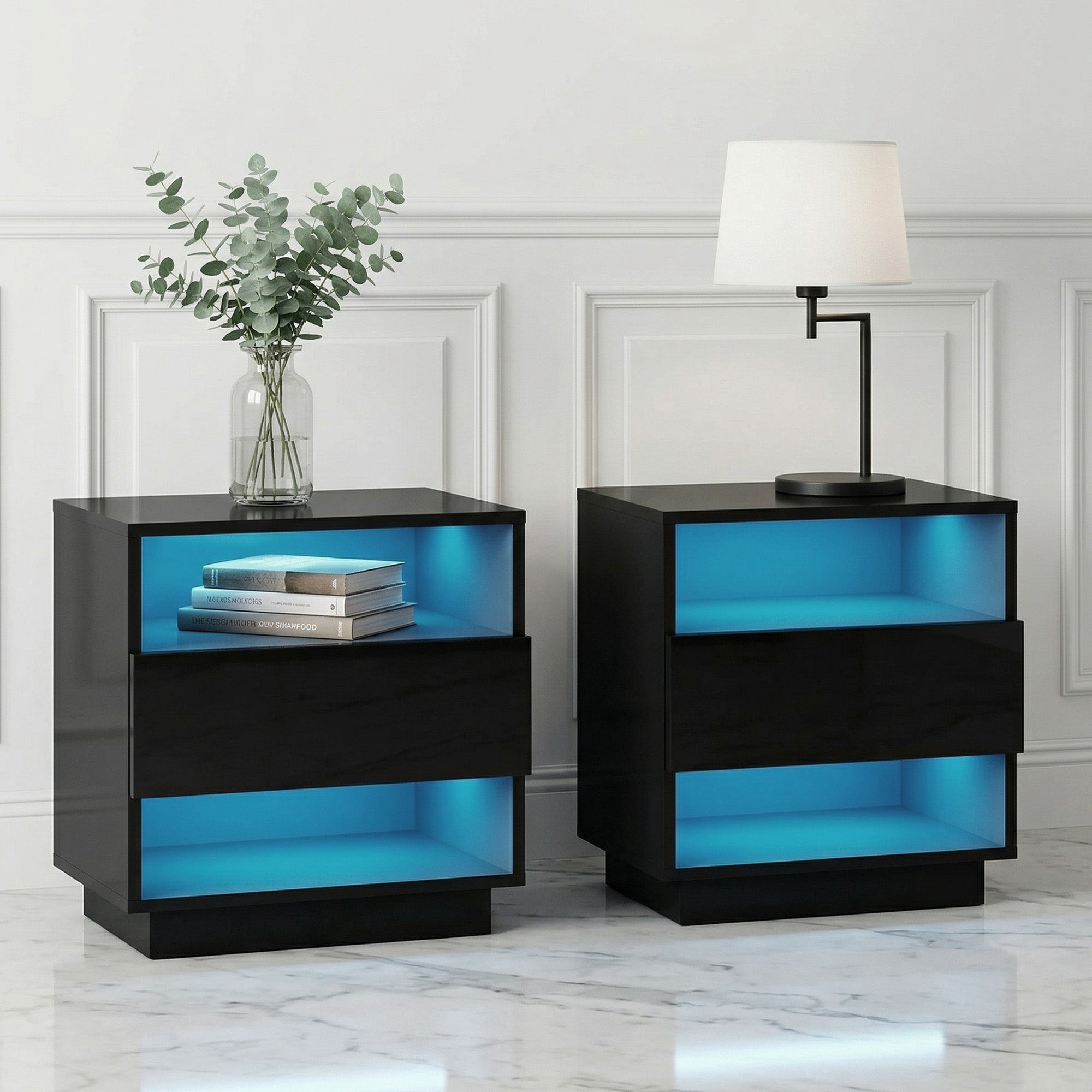 Artiss 2x Bedside Table LED with 2 Shelves - HANA Black FUR-R-BS-LED-01-BKX2