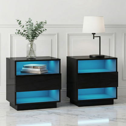 Artiss 2x Bedside Table LED with 2 Shelves - HANA Black FUR-R-BS-LED-01-BKX2