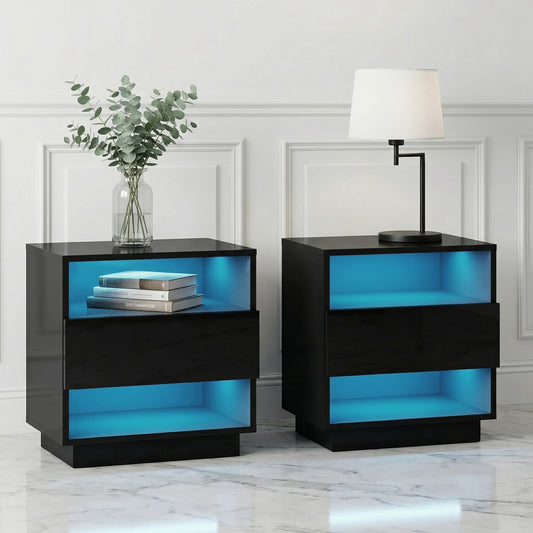 Artiss 2x Bedside Table LED with 2 Shelves - HANA Black FUR-R-BS-LED-01-BKX2