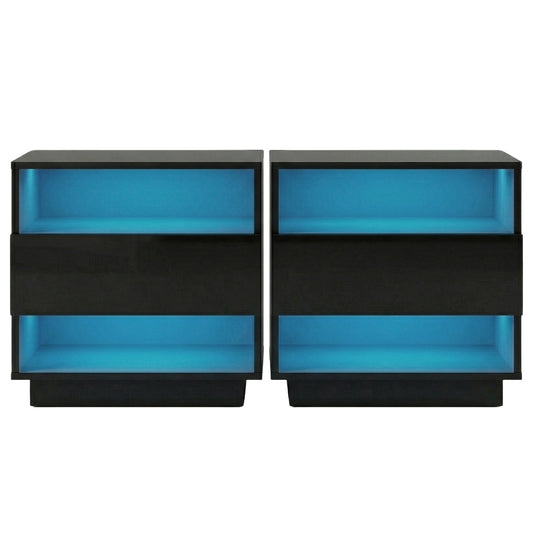 Artiss 2x Bedside Table LED with 2 Shelves - HANA Black FUR-R-BS-LED-01-BKX2