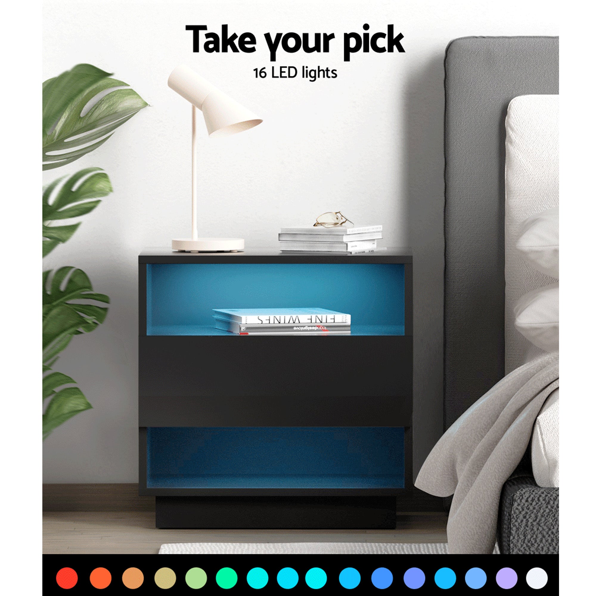 Artiss 2x Bedside Table LED with 2 Shelves - HANA Black FUR-R-BS-LED-01-BKX2