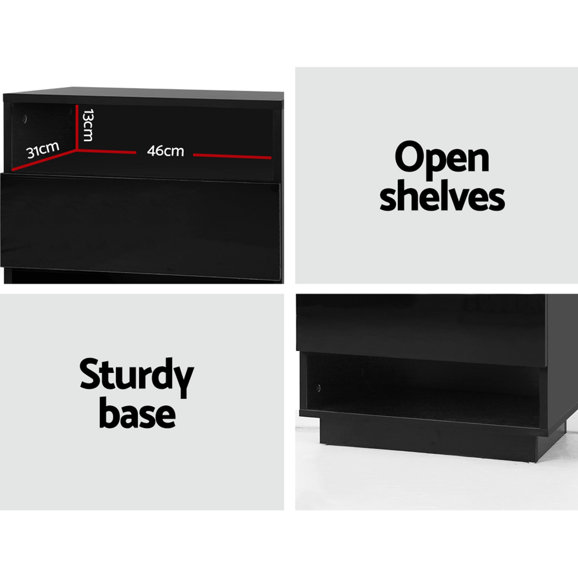 Artiss 2x Bedside Table LED with 2 Shelves - HANA Black FUR-R-BS-LED-01-BKX2