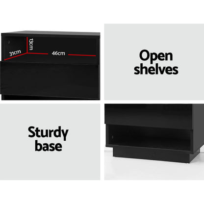 Artiss 2x Bedside Table LED with 2 Shelves - HANA Black FUR-R-BS-LED-01-BKX2