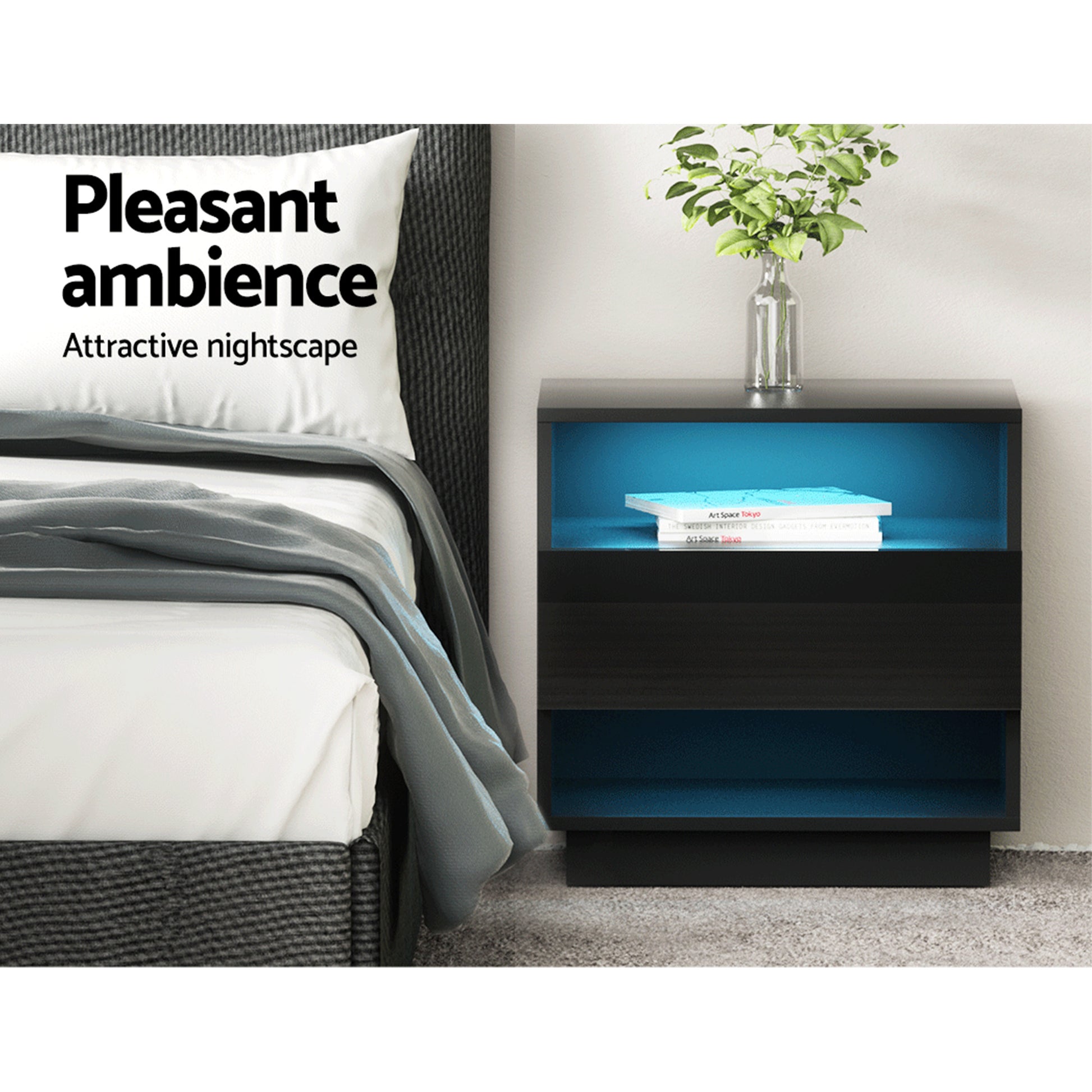 Artiss 2x Bedside Table LED with 2 Shelves - HANA Black FUR-R-BS-LED-01-BKX2