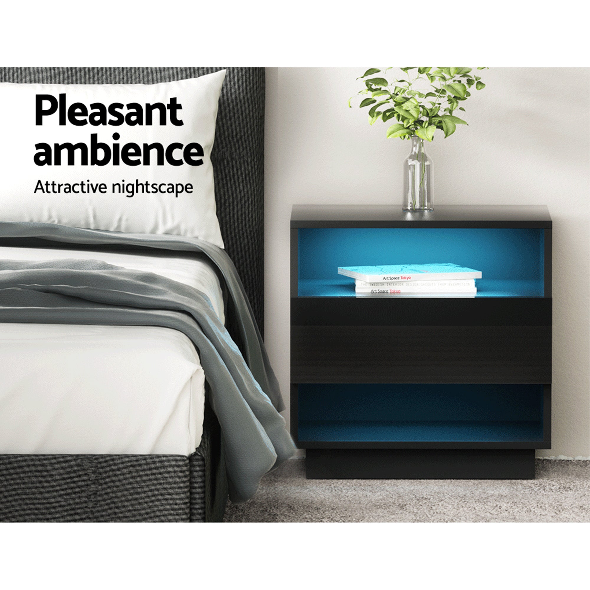 Artiss 2x Bedside Table LED with 2 Shelves - HANA Black FUR-R-BS-LED-01-BKX2