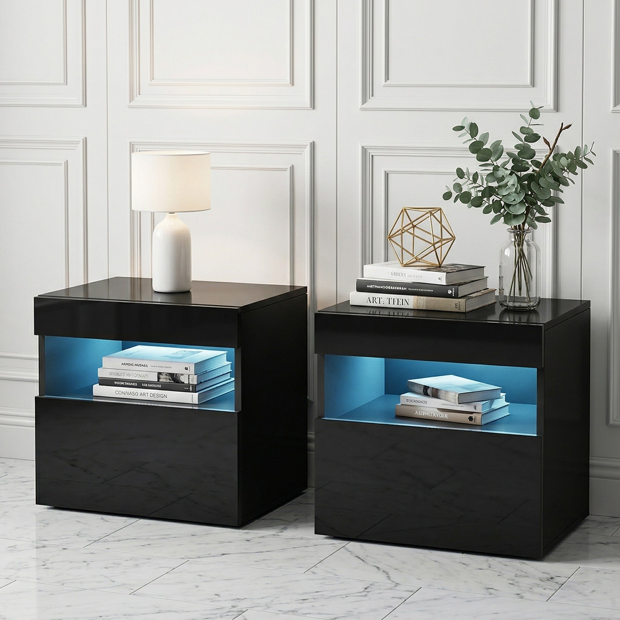 Artiss 2x Bedside Table LED - HERES Black FUR-R-BS-LED-04-BKX2