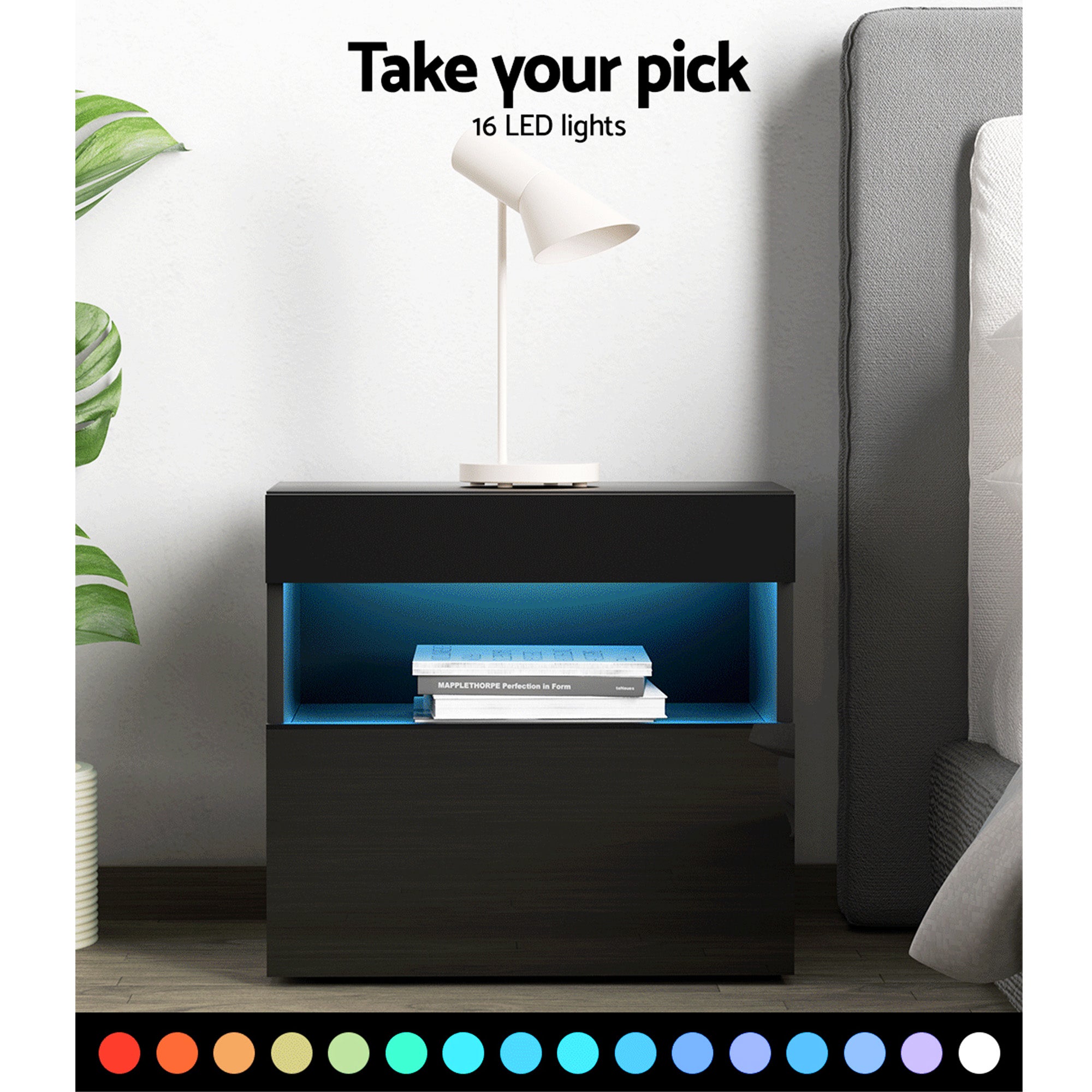 Artiss 2x Bedside Table LED - HERES Black FUR-R-BS-LED-04-BKX2