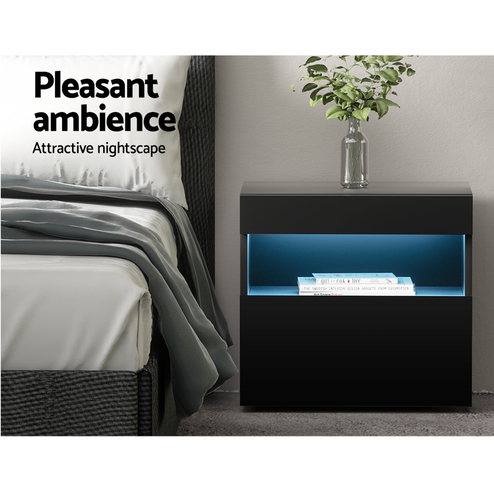 Artiss 2x Bedside Table LED - HERES Black FUR-R-BS-LED-04-BKX2