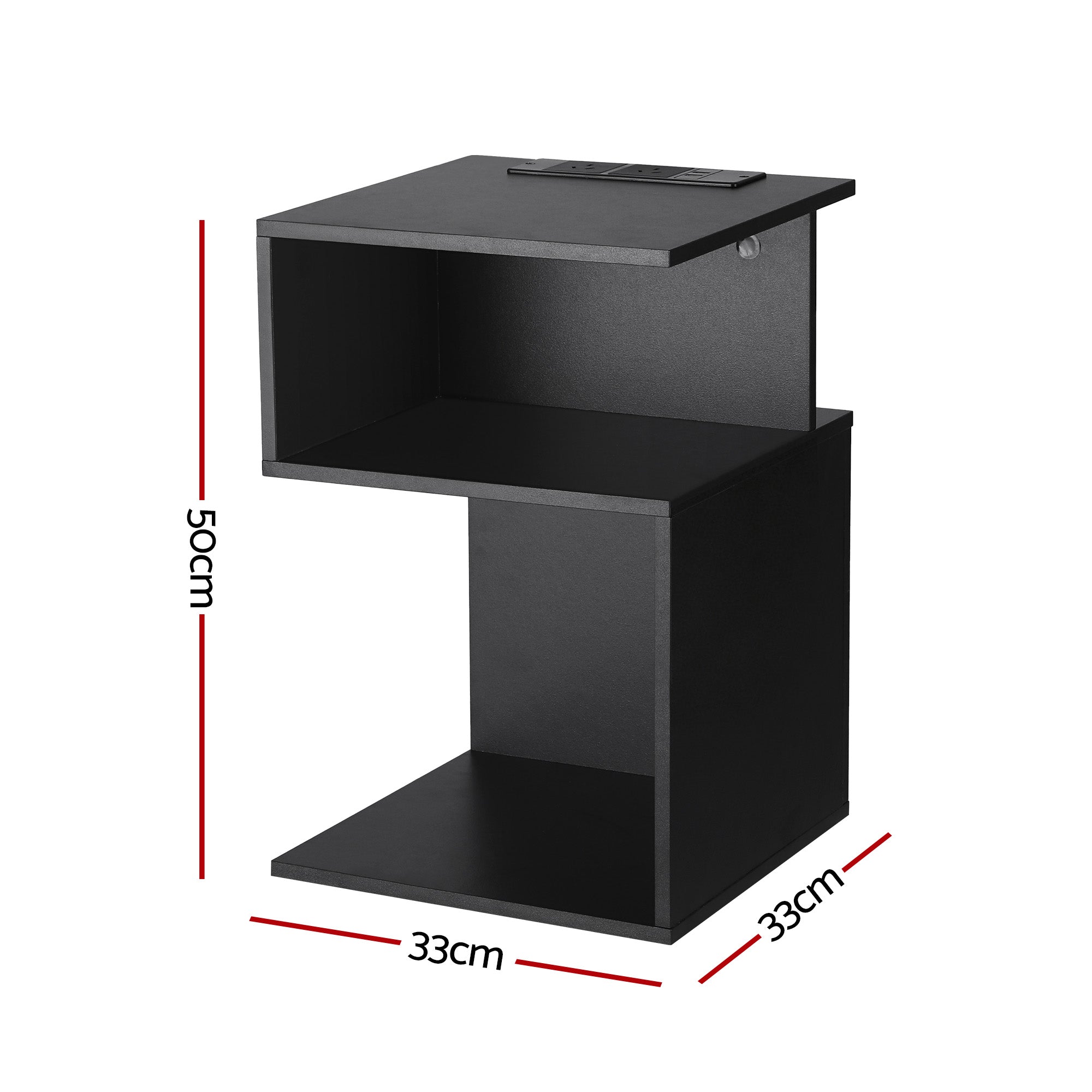 Artiss Bedside Table 2 Shelves S-Shaped Charging Station Black FUR-S-BS-02-BK