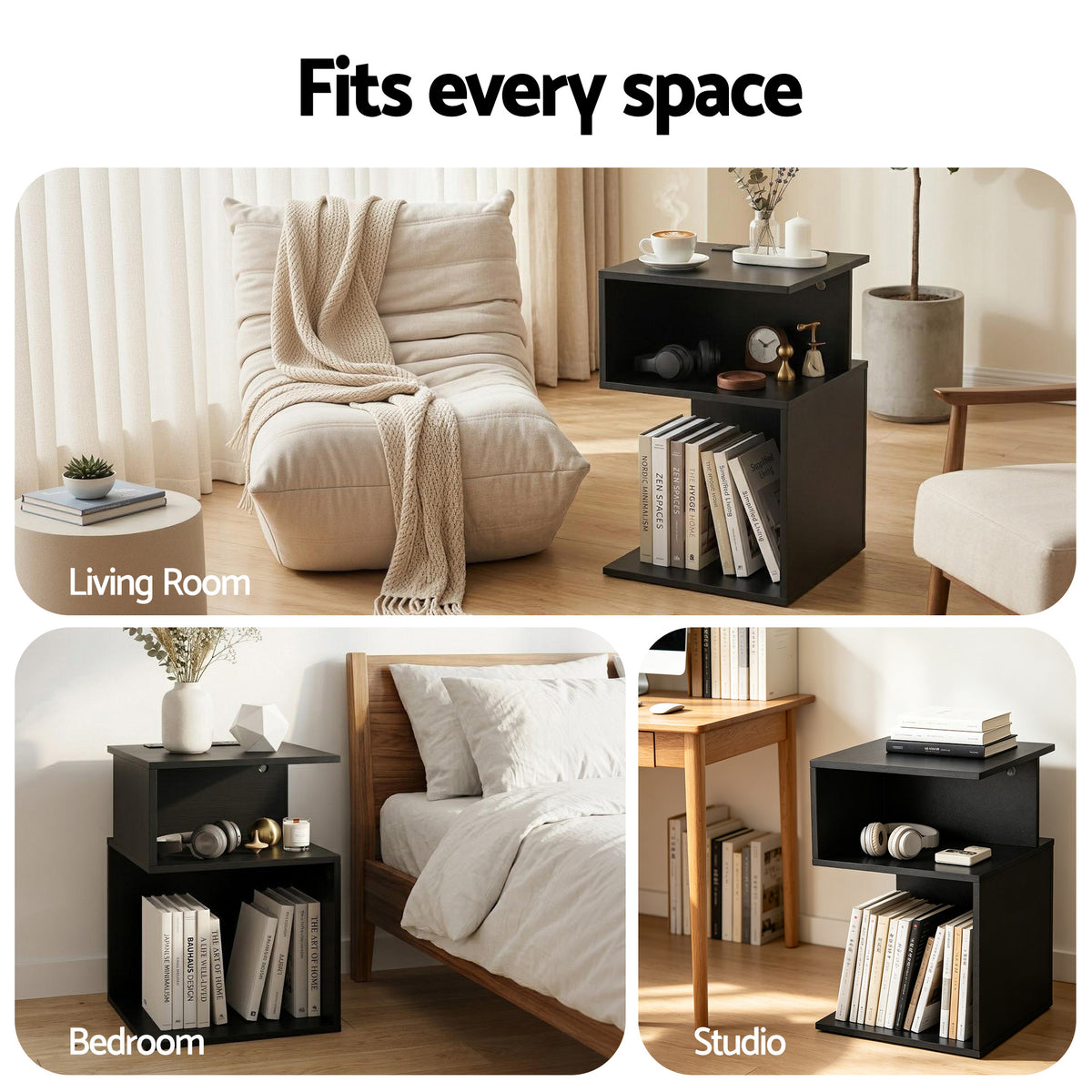 Artiss Bedside Table 2 Shelves S-Shaped Charging Station Black FUR-S-BS-02-BK