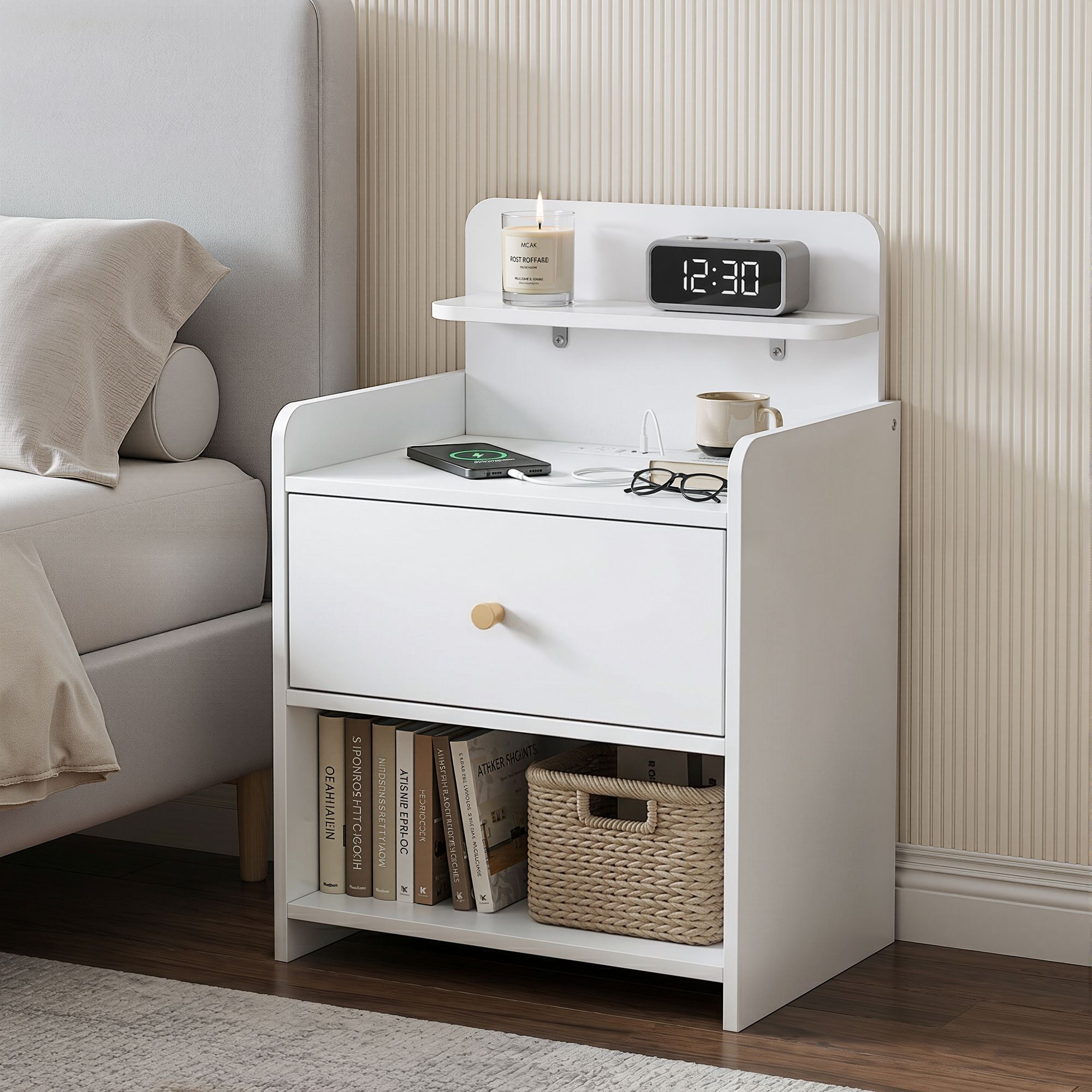 Artiss Bedside Table Drawer Charging Station White FUR-S-BS-04-WH