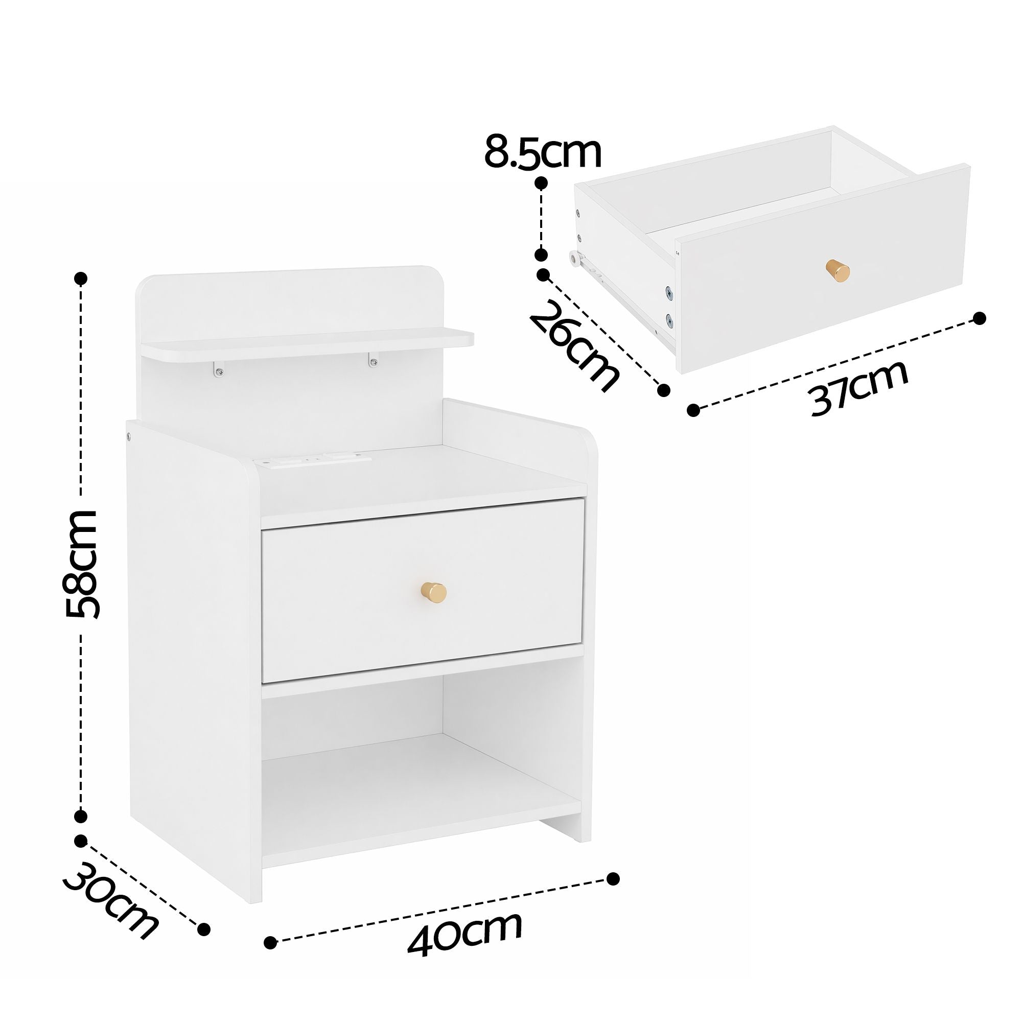 Artiss Bedside Table Drawer Charging Station White FUR-S-BS-04-WH