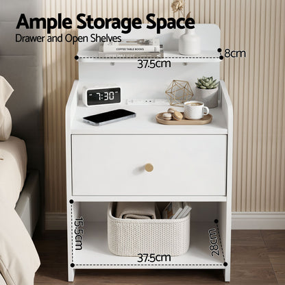 Artiss Bedside Table Drawer Charging Station White FUR-S-BS-04-WH