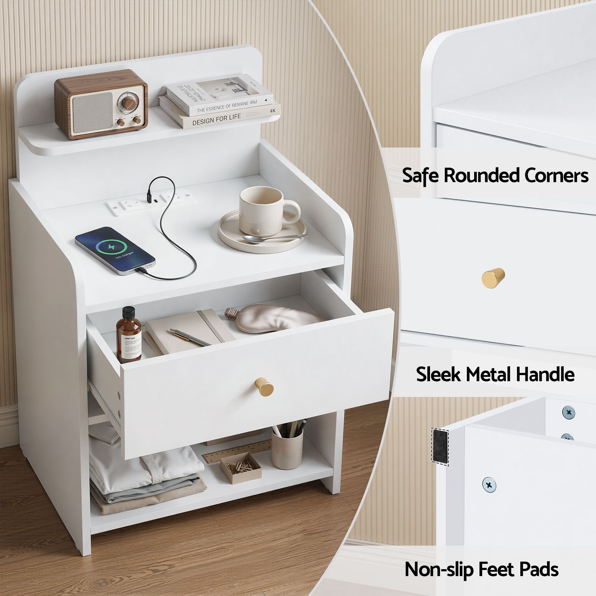 Artiss Bedside Table Drawer Charging Station White FUR-S-BS-04-WH