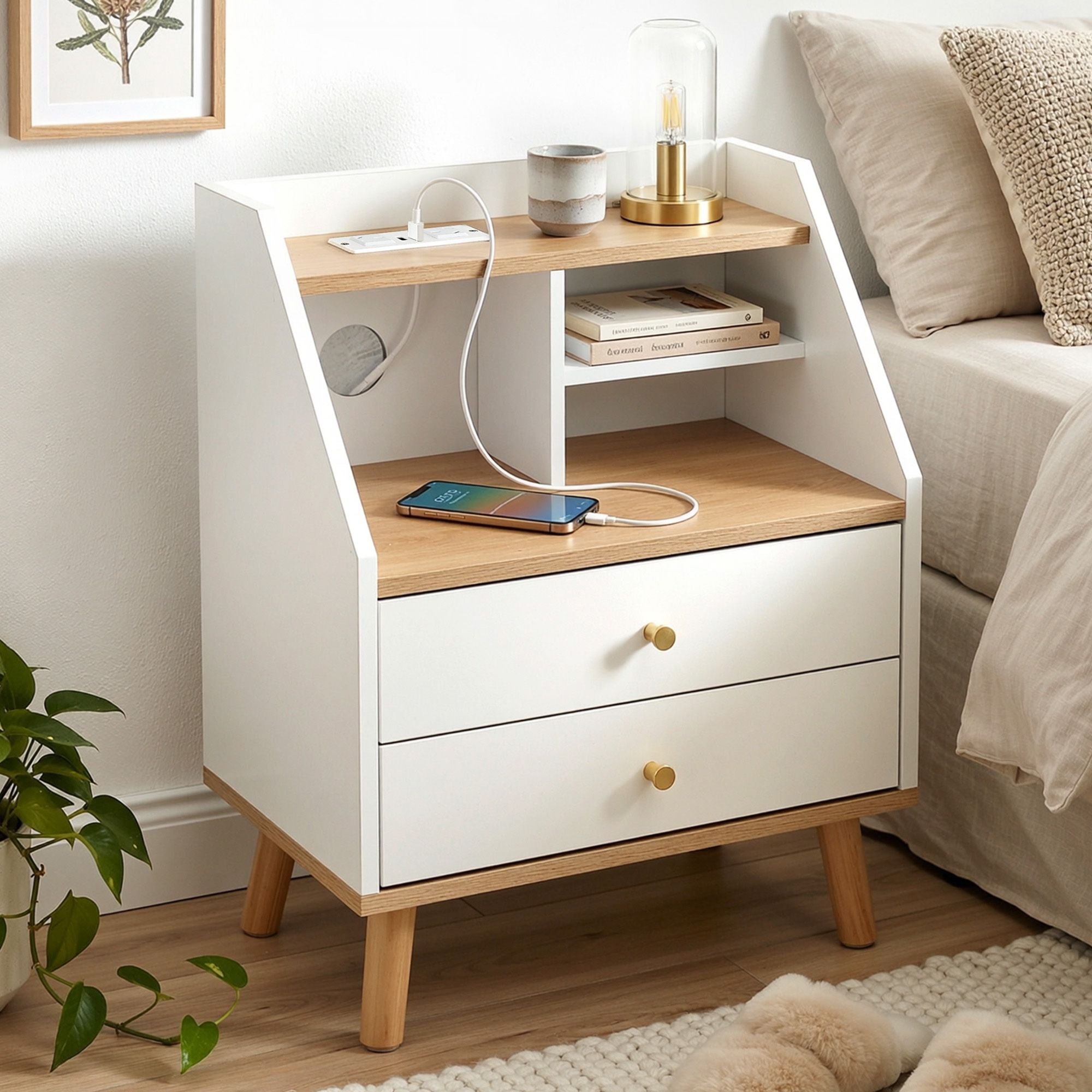 Artiss Bedside Table 2 Drawers Charging Station White and Pine FUR-S-BS-05-WH