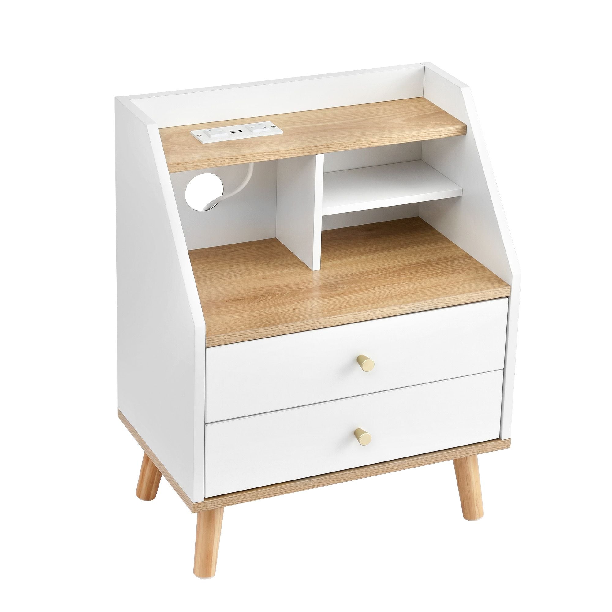 Artiss Bedside Table 2 Drawers Charging Station White and Pine FUR-S-BS-05-WH