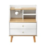 Artiss Bedside Table 2 Drawers Charging Station White and Pine FUR-S-BS-05-WH