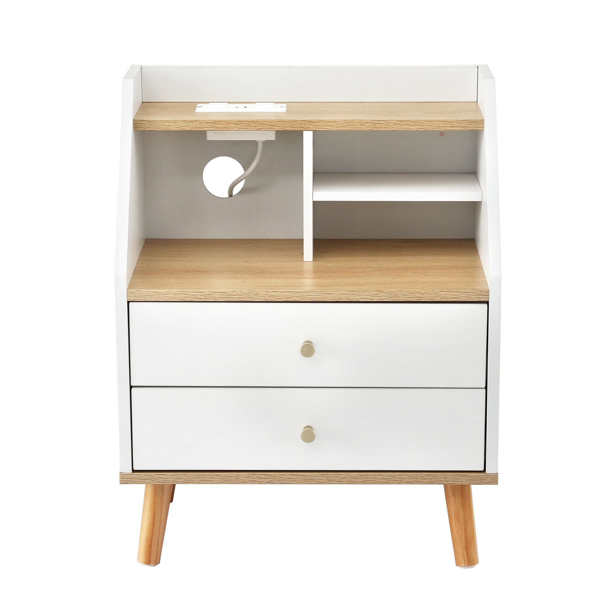 Artiss Bedside Table 2 Drawers Charging Station White and Pine FUR-S-BS-05-WH