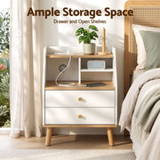 Artiss Bedside Table 2 Drawers Charging Station White and Pine FUR-S-BS-05-WH