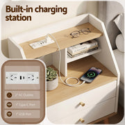Artiss Bedside Table 2 Drawers Charging Station White and Pine FUR-S-BS-05-WH