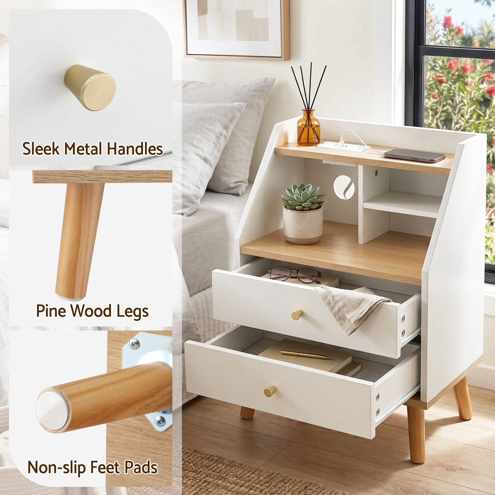 Artiss Bedside Table 2 Drawers Charging Station White and Pine FUR-S-BS-05-WH