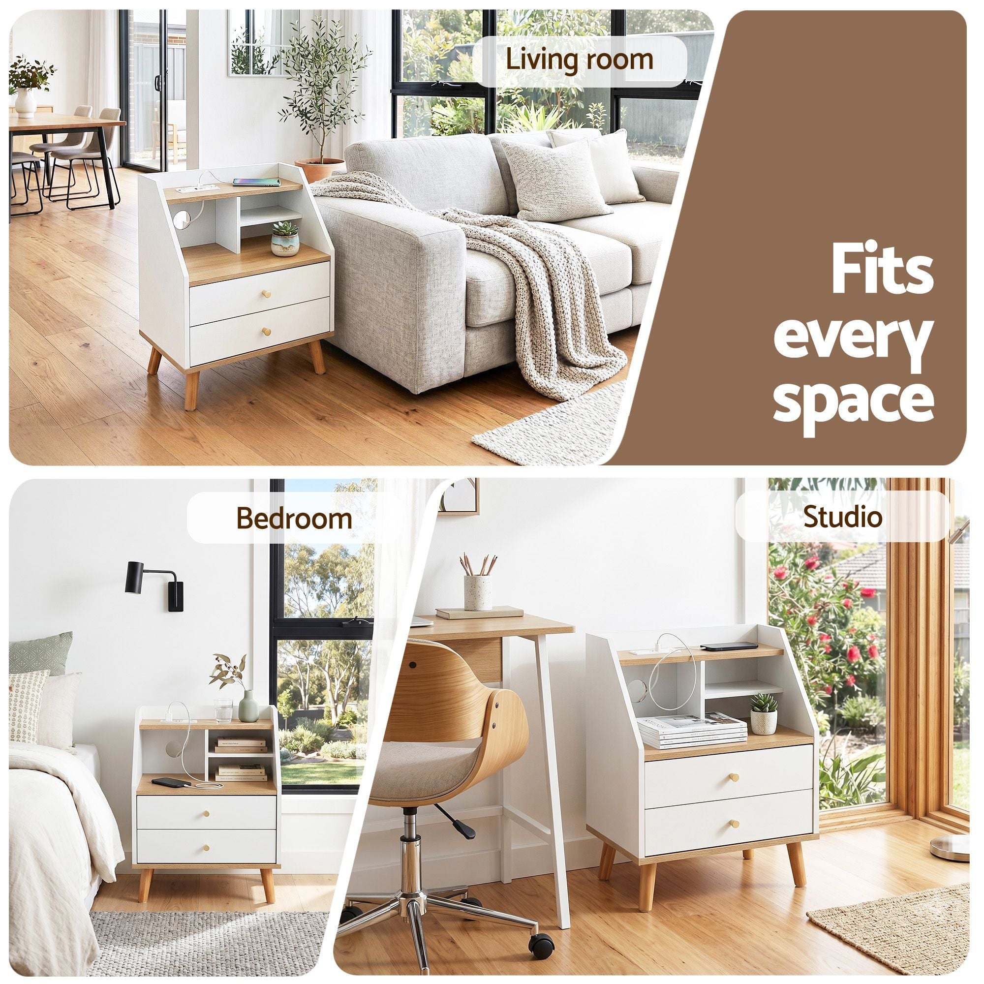 Artiss Bedside Table 2 Drawers Charging Station White and Pine FUR-S-BS-05-WH