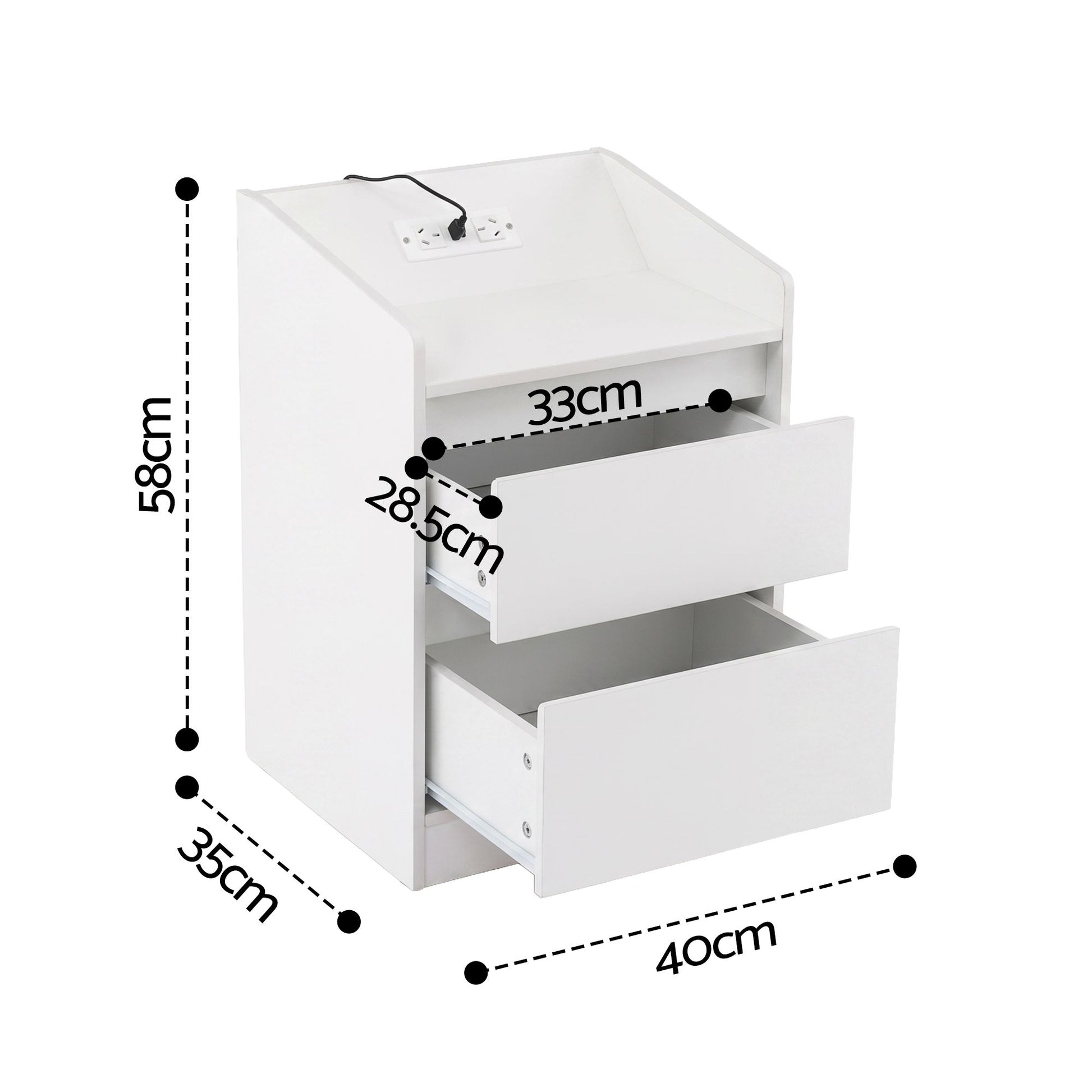 Artiss Bedside Table Nightstand with Charging Station 2 Drawers LED White FUR-S-BS-LED-WH