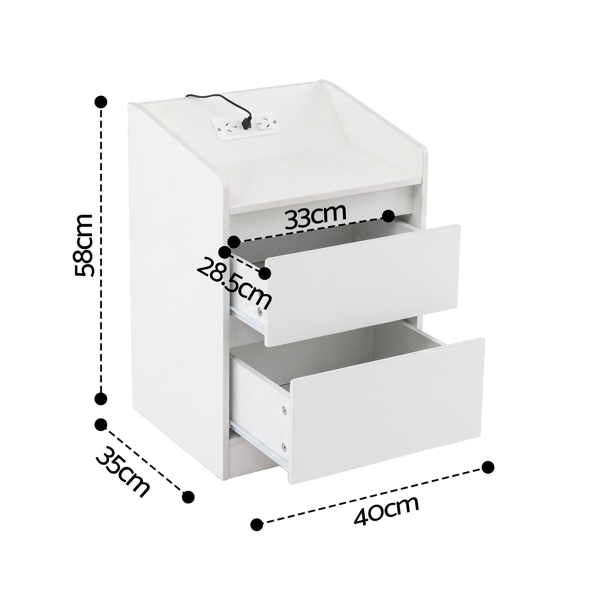 Artiss Bedside Table Nightstand with Charging Station 2 Drawers LED White FUR-S-BS-LED-WH