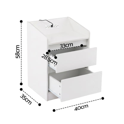 Artiss Bedside Table Nightstand with Charging Station 2 Drawers LED White FUR-S-BS-LED-WH