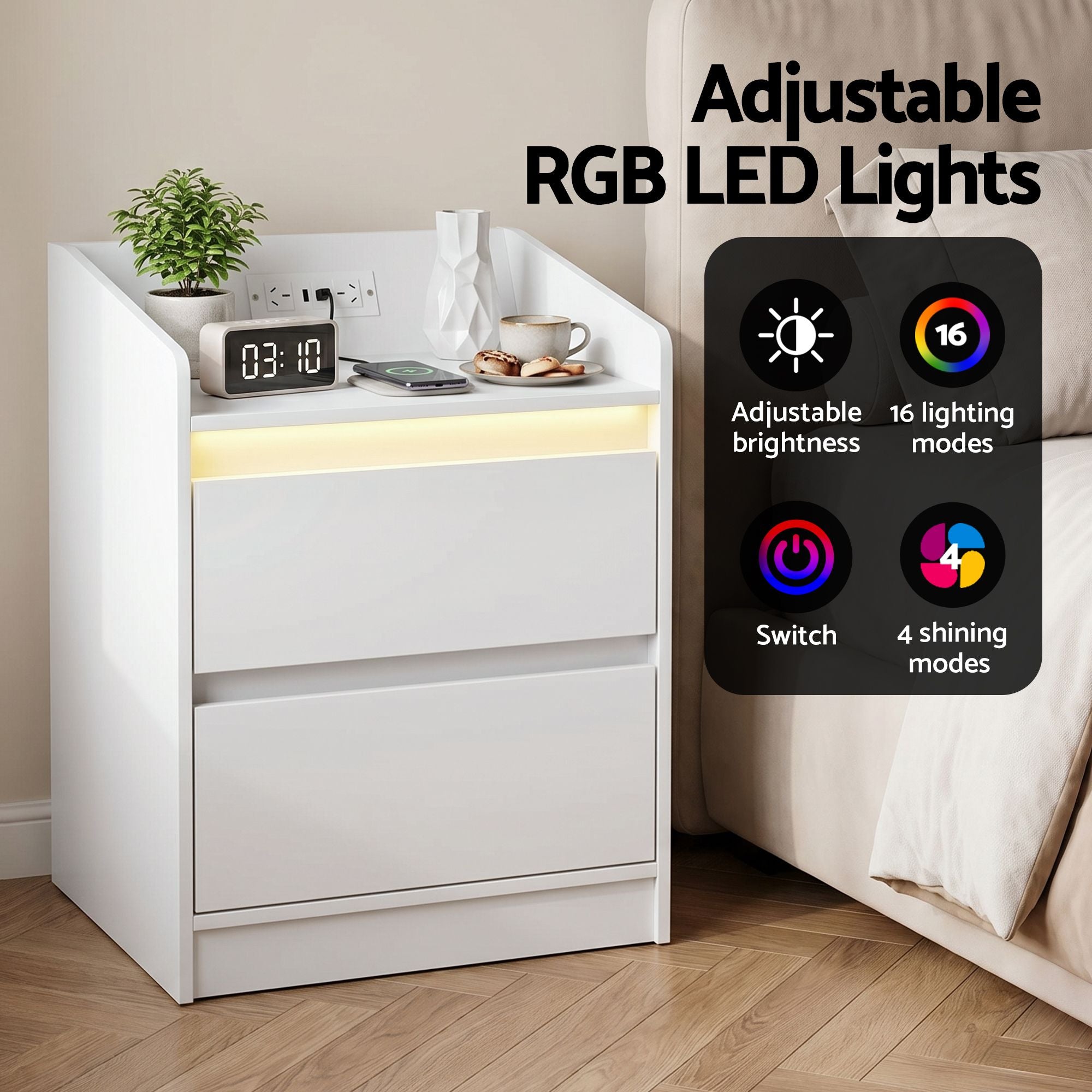 Artiss Bedside Table Nightstand with Charging Station 2 Drawers LED White FUR-S-BS-LED-WH