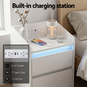 Artiss Bedside Table Nightstand with Charging Station 2 Drawers LED White FUR-S-BS-LED-WH