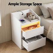 Artiss Bedside Table Nightstand with Charging Station 2 Drawers LED White FUR-S-BS-LED-WH