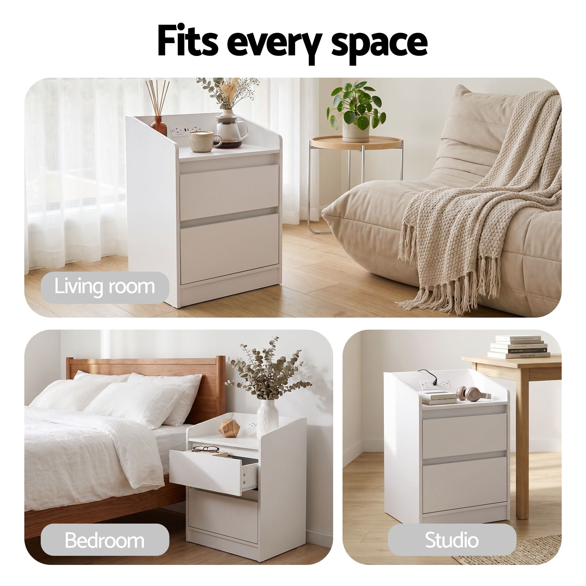 Artiss Bedside Table Nightstand with Charging Station 2 Drawers LED White FUR-S-BS-LED-WH