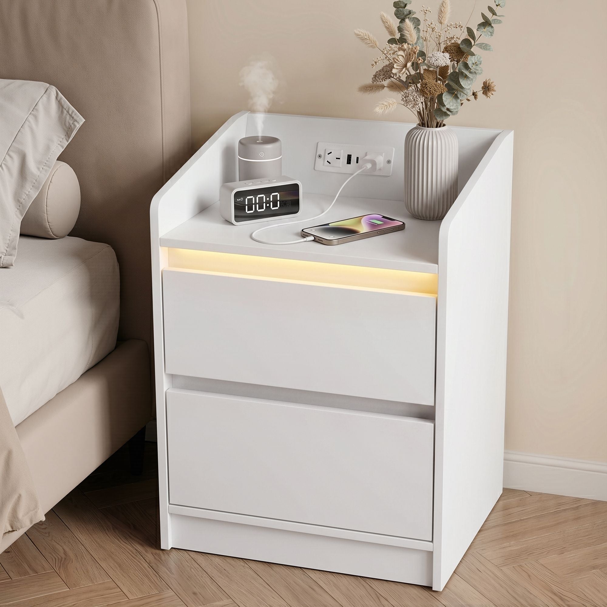 Artiss Bedside Table Nightstand with Charging Station 2 Drawers LED White FUR-S-BS-LED-WH