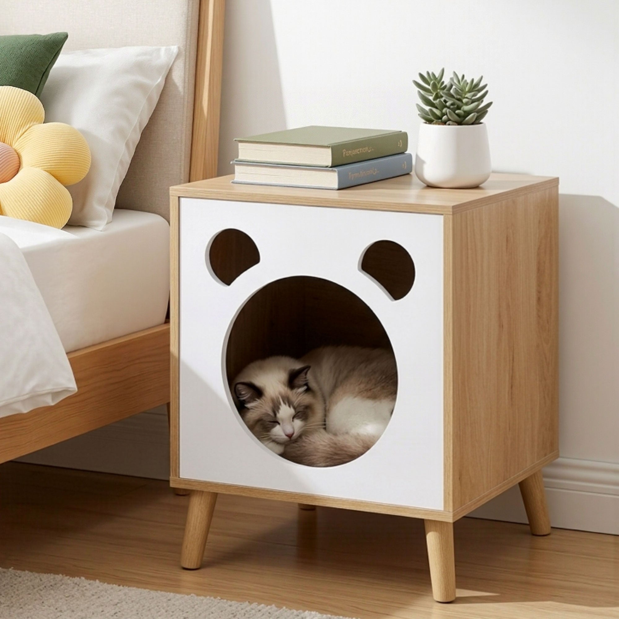 Artiss Cat Nest Bedside Table Solid Wood FUR-S-BS-PET01-WD