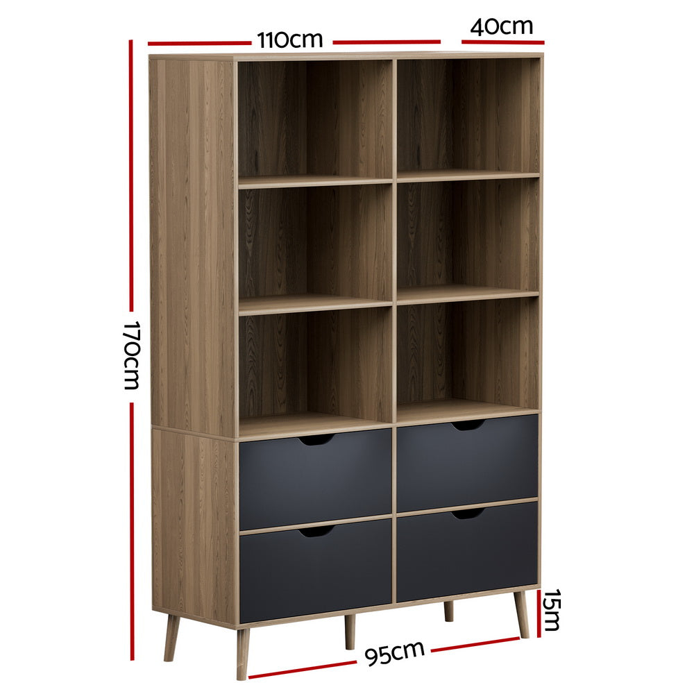 Artiss Bookshelf with 4 Drawers - MITZI Oak and Blue FUR-S-BSHELF-01-WDBL-ABC