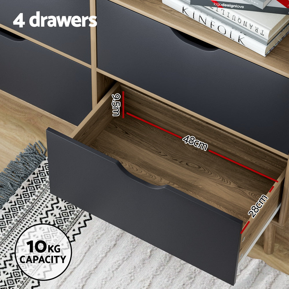 Artiss Bookshelf with 4 Drawers - MITZI Oak and Blue FUR-S-BSHELF-01-WDBL-ABC