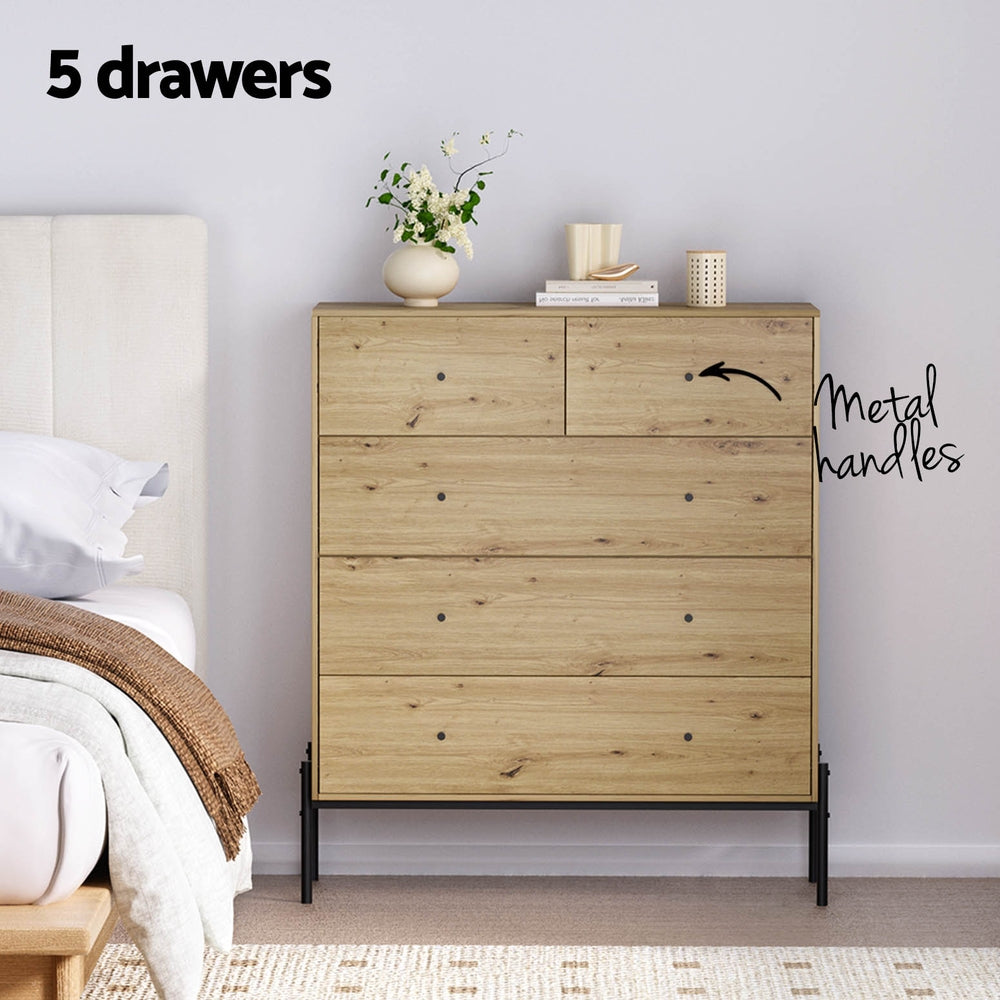 Artiss 5 Chest of Drawers - ARNO Pine FUR-S-CDR-03-WD-AB