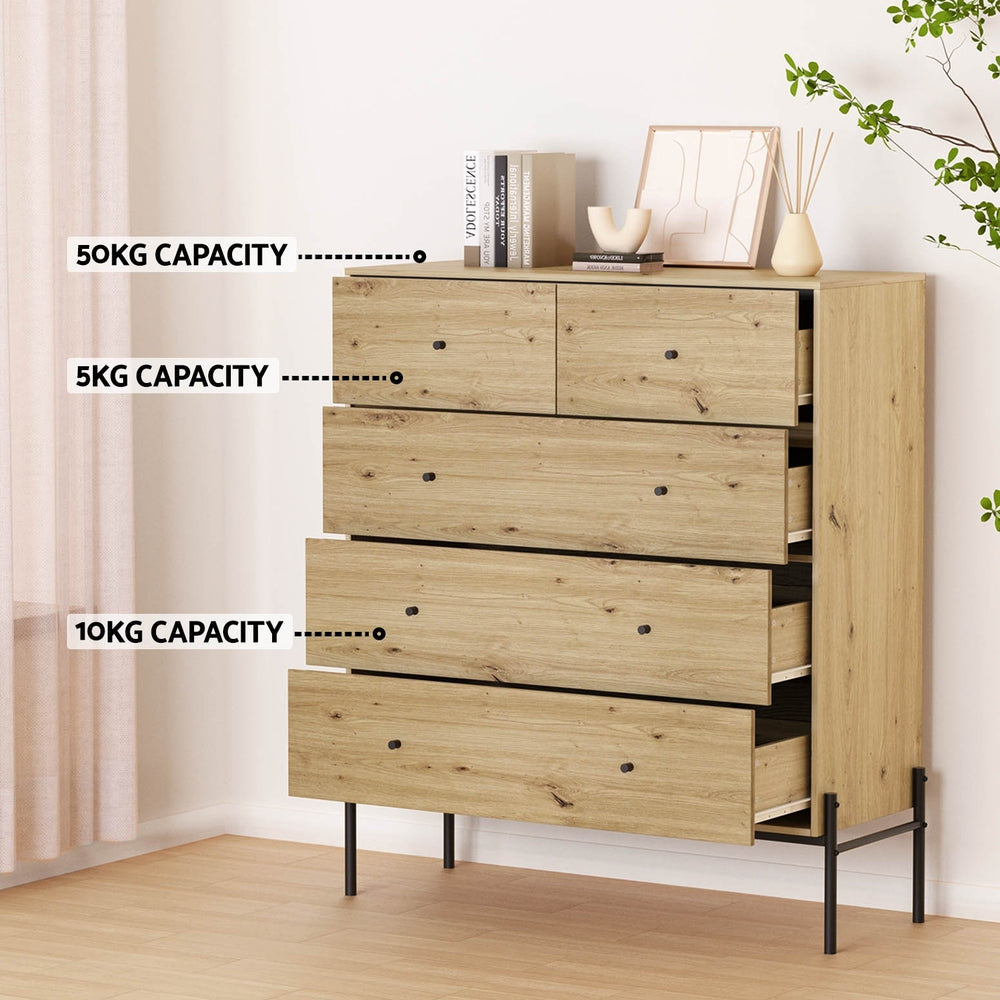 Artiss 5 Chest of Drawers - ARNO Pine FUR-S-CDR-03-WD-AB