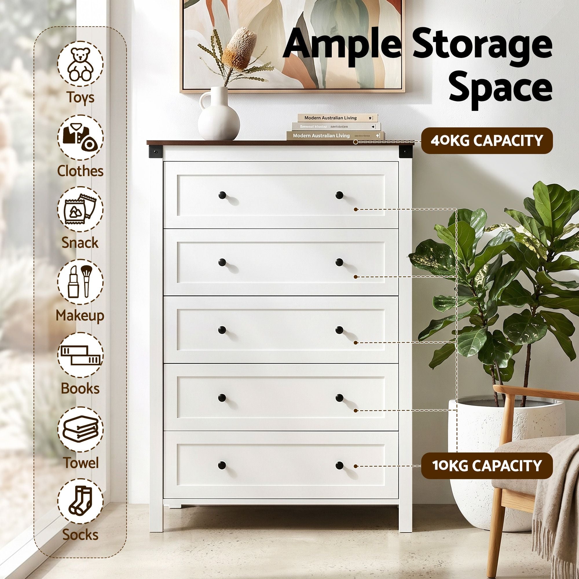 Artiss 5 Chest of Drawers Storage Tallboy White & Walnut FUR-S-CDR-5D-WH-AB
