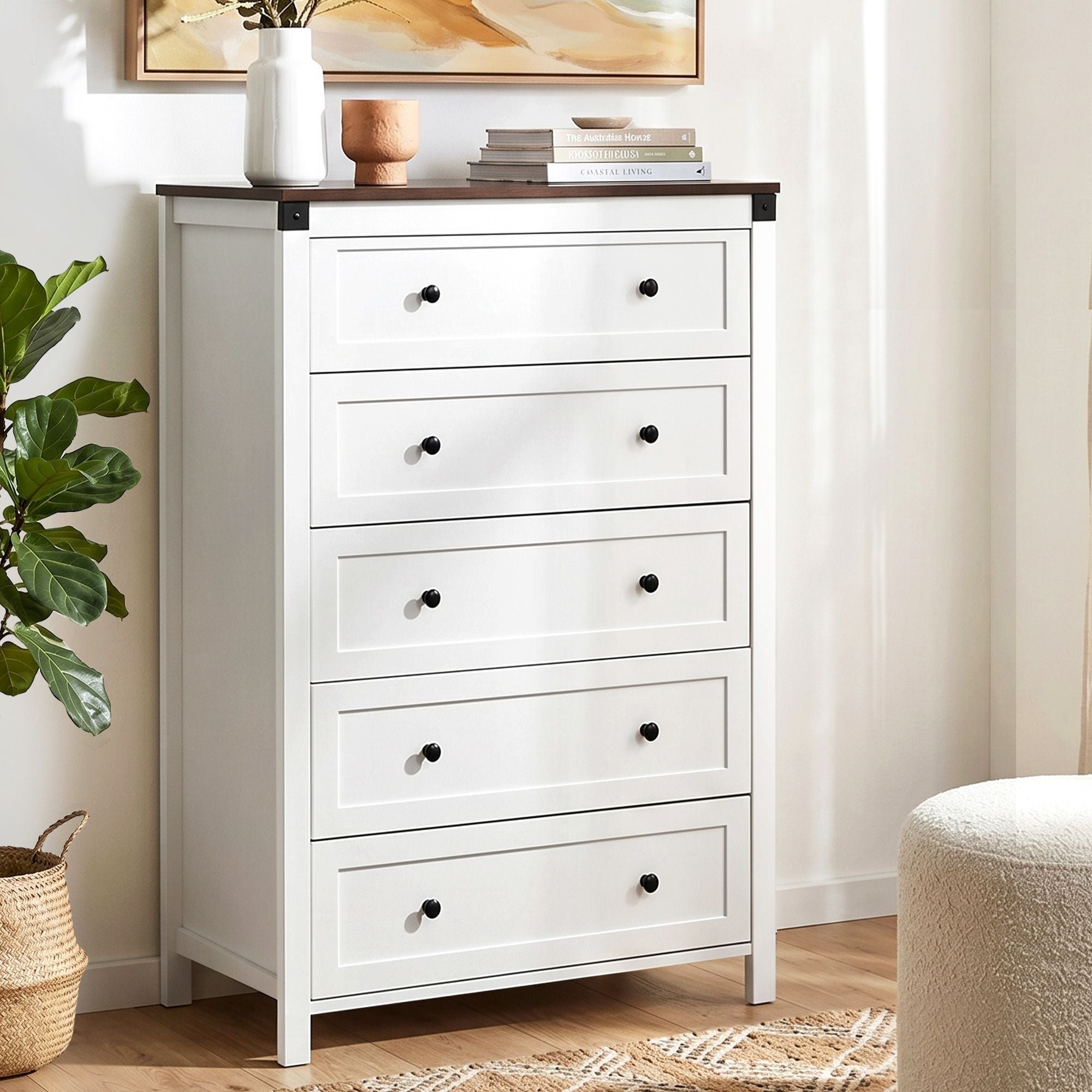 Artiss 5 Chest of Drawers Storage Tallboy White & Walnut FUR-S-CDR-5D-WH-AB