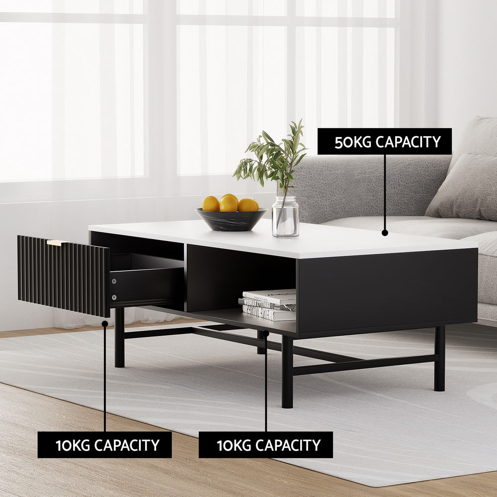 Artiss Coffee Table Drawer Storage Shelf Black FUR-S-COF07-WHBK