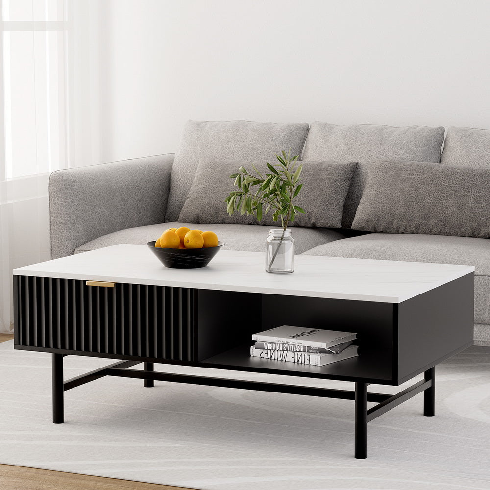 Artiss Coffee Table Drawer Storage Shelf Black FUR-S-COF07-WHBK