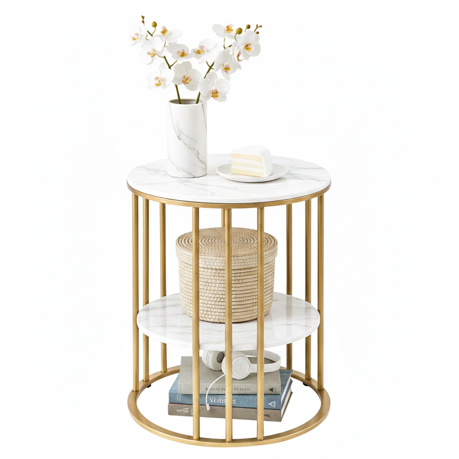 Artiss Coffee Table 2-Tier Round Marble Effect White&Gold FUR-S-COF08-MB-GD