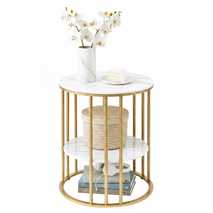 Artiss Coffee Table 2-Tier Round Marble Effect White&Gold FUR-S-COF08-MB-GD