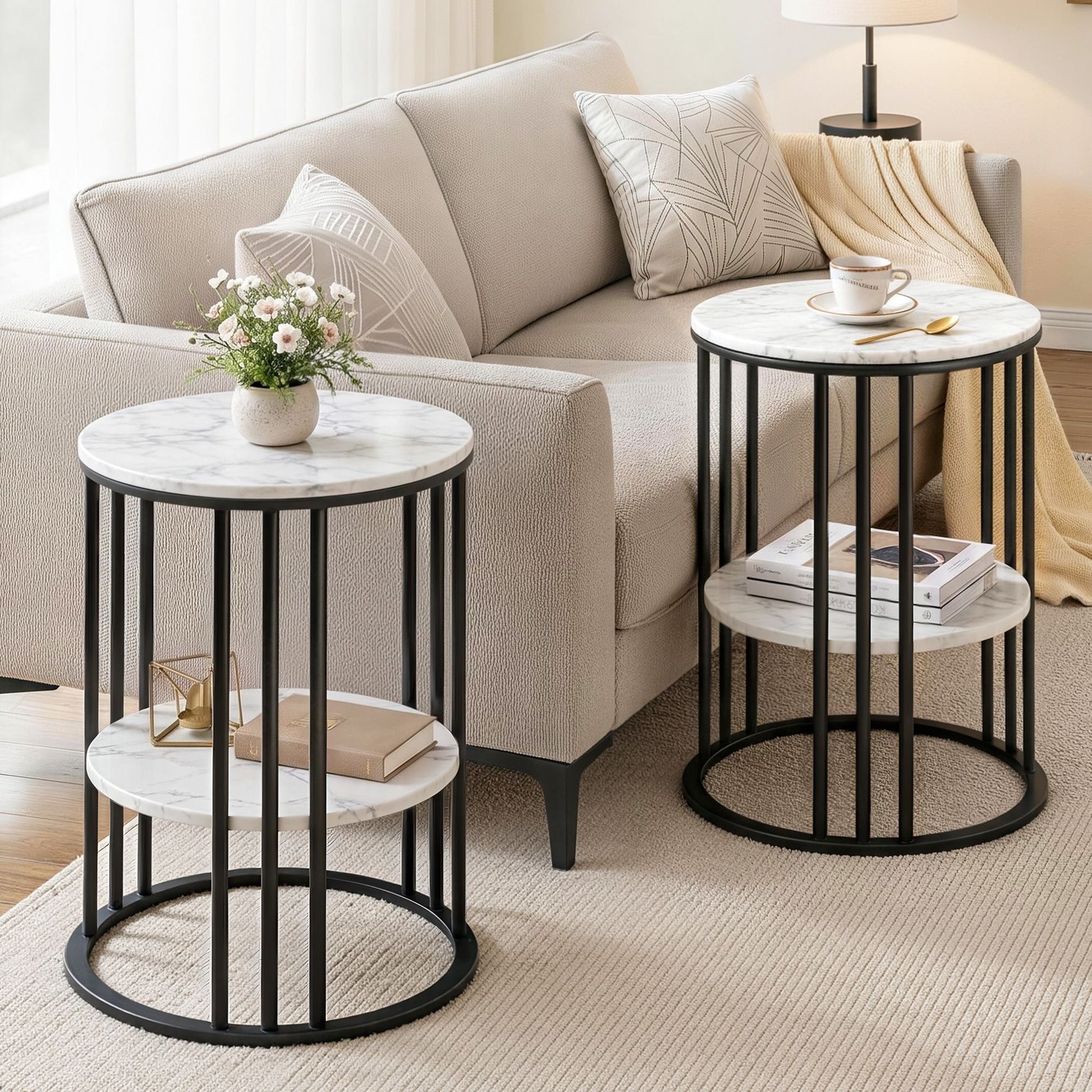Artiss Set of 2 Side Table Coffee Table 2-Tier Round Marble Effect FUR-S-COF08-MB-WHX2