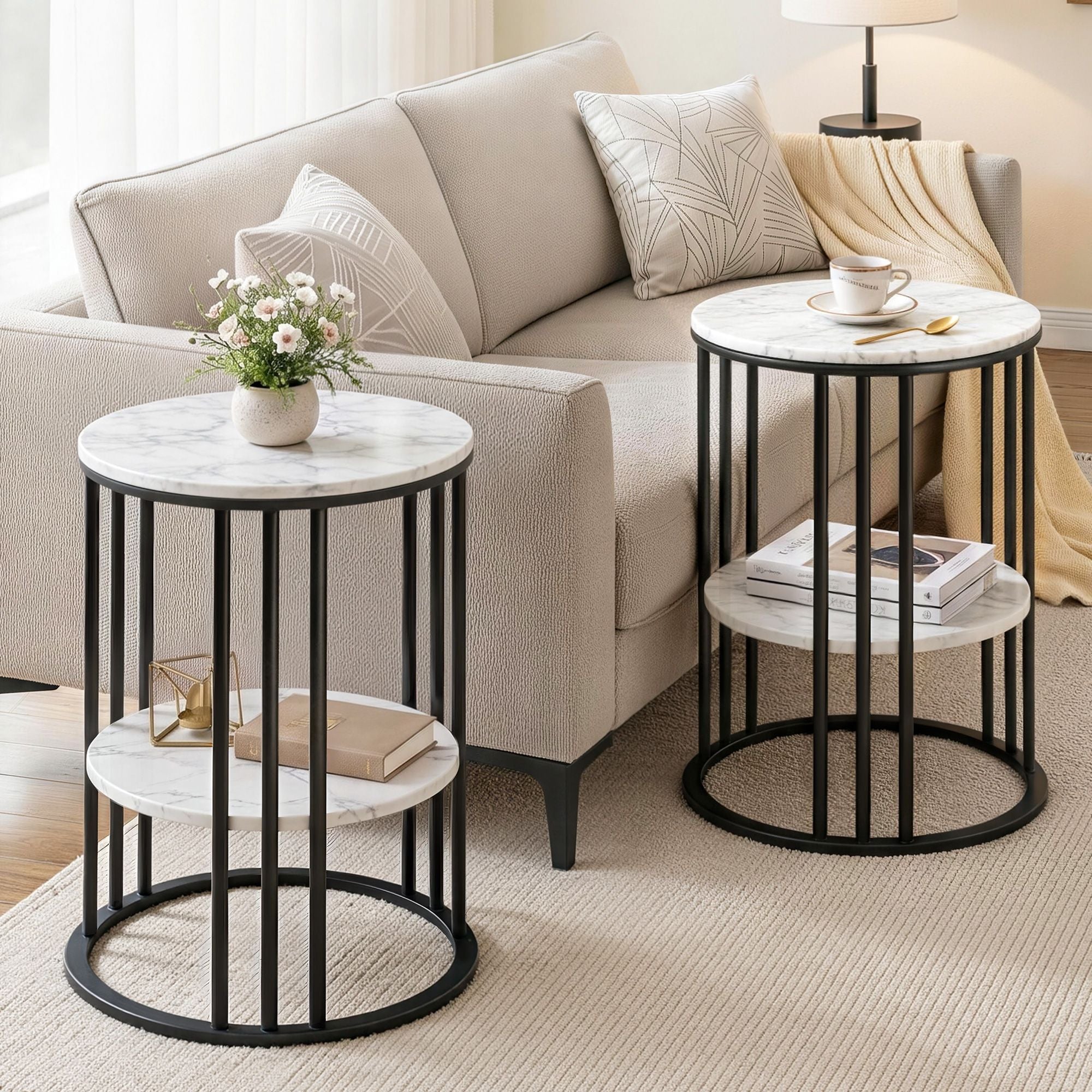 Artiss Set of 2 Side Table Coffee Table 2-Tier Round Marble Effect FUR-S-COF08-MB-WHX2