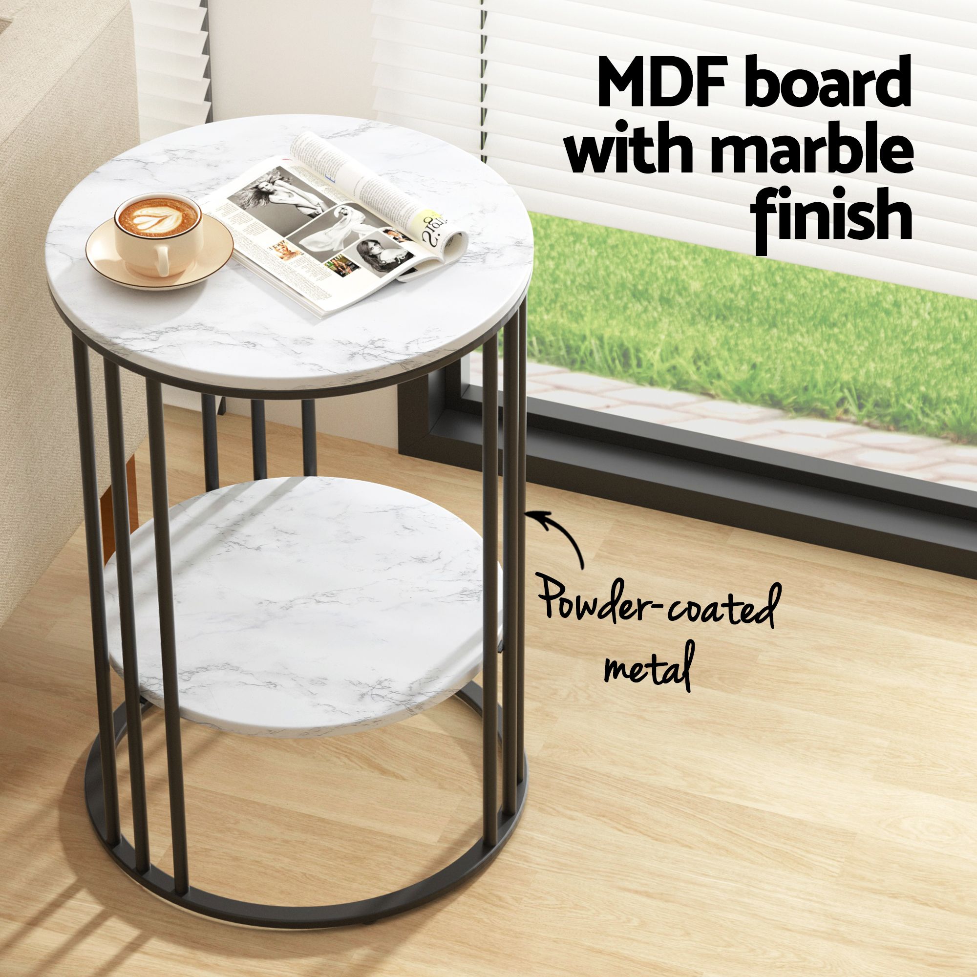 Artiss Set of 2 Side Table Coffee Table 2-Tier Round Marble Effect FUR-S-COF08-MB-WHX2