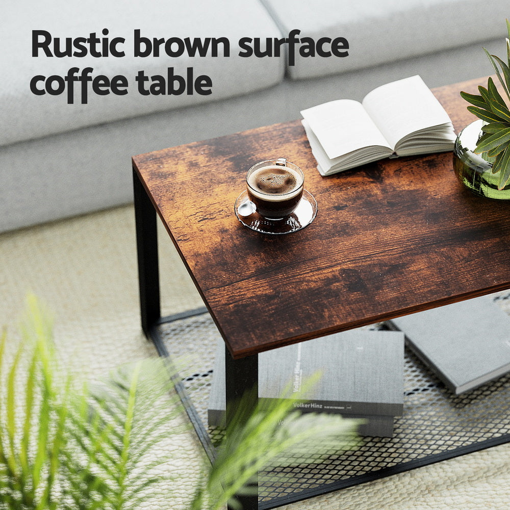 Artiss Coffee Table 2-Tier Rustic Brown 104CM FUR-S-COF11-WAL
