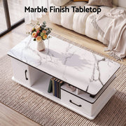 Artiss Coffee Table Marble Finish Center Table with Storage Drawer Cabinet Wood White
